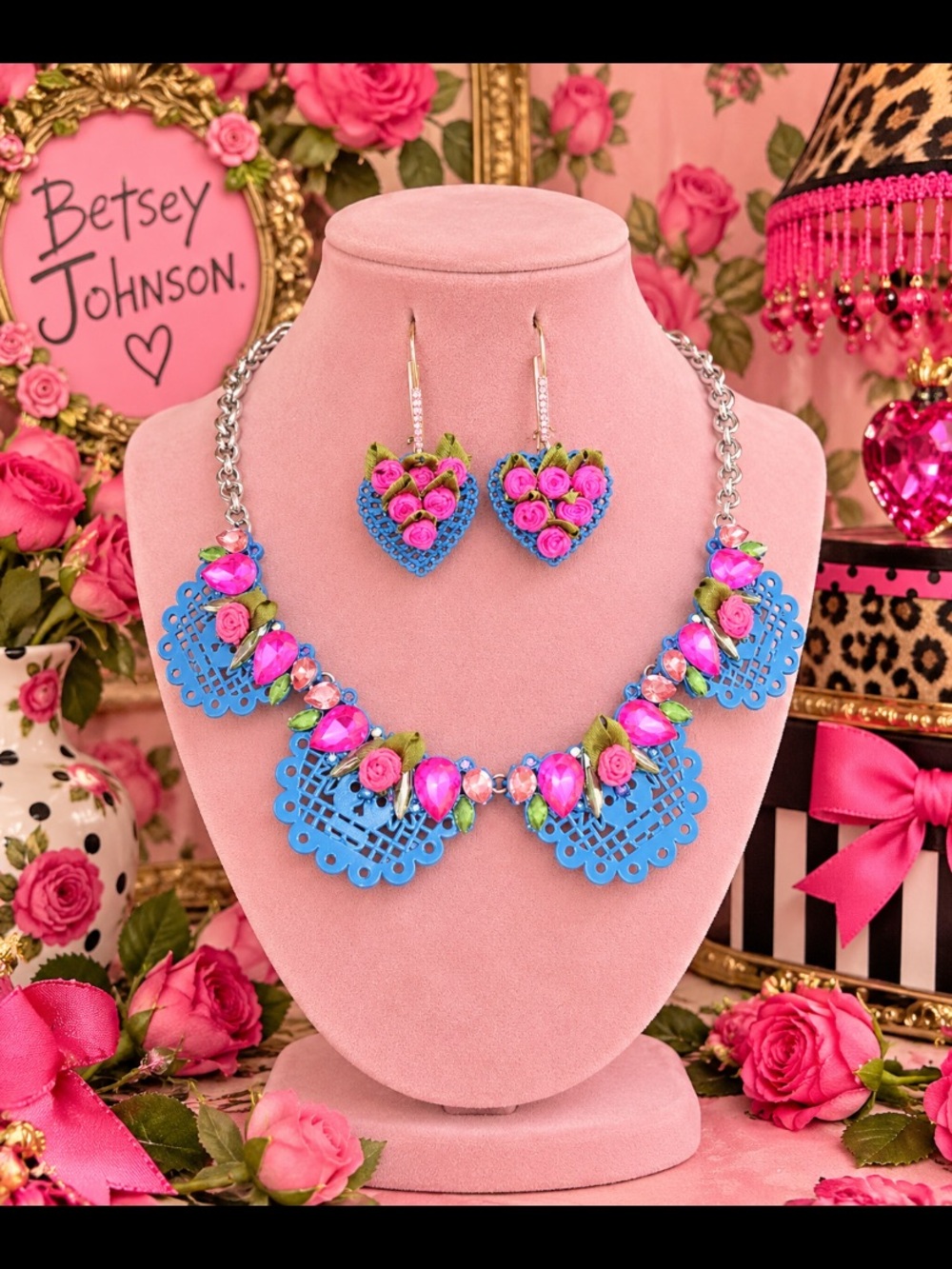 Vintage Betsey Johnson blue tribal heart rosebud necklace set